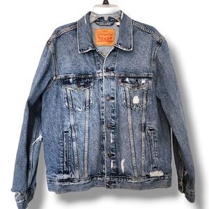 Levi's mens blue denim destroyed trucker jacket L